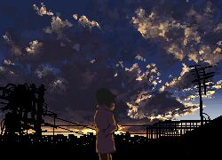 Rule 34 | 1girl, arms behind back, brown hair, city lights, cityscape, cloud, cloudy sky, feet out of frame, food, from behind, glowing, hisachan55cute, hood, hood down, jacket, medium hair, original, pink jacket, pixel art, power lines, silhouette, simple background, sky, solo, sunset, utility pole