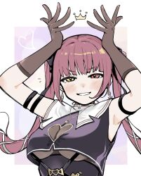 1girl armpits arms_up breasts brown_gloves cleavage_cutout clothing_cutout collar commentary_request crown earrings gloves grin hair_ribbon heart heart_cutout heterochromia highres hololive houshou_marine houshou_marine_(ahoy!!_you&#039;re_all_pirates) jewelry looking_at_viewer ohagi_0909 purple_background red_eyes ribbon simple_background smile solo twintails underboob upper_body virtual_youtuber white_background white_collar white_ribbon yellow_eyes