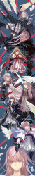 Rule 34 | 4girls, absurdres, angel wings, armor, berlinetta (pixiv fantasia), black thighhighs, blue background, borrowed character, bow (weapon), commentary, disembodied hand, dress, feathers, highres, holding, holding bow (weapon), holding weapon, incredibly absurdres, long hair, long image, multiple girls, multiple persona, multiple views, pink eyes, pink hair, pixiv fantasia, pixiv fantasia 5, pixiv fantasia fallen kings, pixiv fantasia new world, pixiv fantasia sword regalia, reiichiko, simple background, sleeveless, sleeveless dress, strapless, strapless dress, string, string of fate, striped background, stylus, tall image, thighhighs, weapon, weapon case, white dress, wings