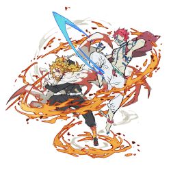 2boys akaza_(kimetsu_no_yaiba) anklet barefoot bead_anklet beads blonde_hair blood blood_on_face cape clenched_teeth duel fire highres holding holding_sword holding_weapon japanese_clothes jewelry katana kimetsu_no_yaiba long_hair long_sleeves male_focus multicolored_hair multiple_boys pants papajay_(jennygin2) red_hair rengoku_kyoujurou simple_background sword tattoo teeth weapon white_background white_cape