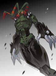 Rule 34 | 1boy, bug, compound eyes, confeito000 333, cowboy shot, digimon, gradient background, grey background, highres, male focus, red eyes, shoulder spikes, simple background, solo, spikes, stingmon, twitter username