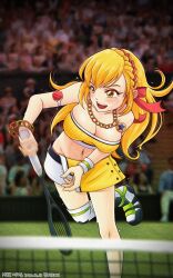 1girl artist_name audience banghwadongjopidi bare_shoulders blonde_hair blurry blurry_background blush boots braid breasts chain chain_bracelet chain_necklace character_name cleavage collarbone commentary_request copyright_name crop_top crown_braid dated erial_(master_of_eternity) flying_sweatdrops gem groin hair_ribbon highres holding holding_racket jewelry korean_commentary large_breasts leaning_forward long_hair master_of_eternity mole mole_under_eye motion_blur navel necklace open_mouth partial_commentary photo_background playing_sports racket red_gemstone red_ribbon ribbon ribbon_braid sidelocks single_thigh_boot skirt smile solo_focus standing standing_on_one_leg star_(symbol) star_pendant strapless sweat teeth tennis tennis_court tennis_net textless_version thigh_boots tube_top two-tone_skirt upper_teeth_only white_footwear white_skirt wristband yellow_eyes yellow_skirt