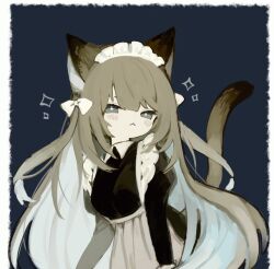 1girl :&lt; animal_ears animated animated_gif apron black_dress blonde_hair blue_background blue_eyes border bow breasts cat_ears cat_girl cat_tail dress fang hair_bow long_hair maid maid_headdress original outside_border sakutake_(ue3sayu) skin_fang solo sparkle star-shaped_pupils star_(symbol) symbol-shaped_pupils tail very_long_hair waist_apron white_apron white_border white_bow yawning