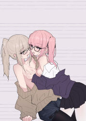 2girls animal_ears asymmetrical_docking black-framed_eyewear black_pantyhose black_skirt blue_shorts blush breast_press breasts chinese_commentary collarbone commentary_request girls_band_cry glasses grey-framed_eyewear grey_hair groping highres hina_(girls_band_cry) jacket kawaragi_momoka large_breasts long_hair long_sleeves multiple_girls off-shoulder_sweater off_shoulder open_mouth pantyhose pantyhose_under_shorts pink_hair pleated_skirt ponytail purple_jacket saliva semi-rimless_eyewear shorts sidelocks skirt sweat sweater twintails under-rim_eyewear white_pantyhose yun_cao_bing yuri