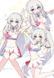1girl alternate_costume alternate_hairstyle arm_up blue_archive blush breasts cleavage closed_mouth crossed_bangs hair_between_eyes highres large_breasts long_hair looking_at_viewer millennium_cheerleader_outfit_(blue_archive) navel open_mouth sakurako_(blue_archive) sateto_(user_knrf2332) sidelocks skirt smile solo sports_bra stomach thigh_strap twintails v white_hair white_skirt white_sports_bra wristband