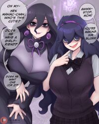 2girls absurdres bags_under_eyes black_bow black_dress black_eyes black_hair black_nails black_skirt black_sweater_vest bow breasts cleavage commentary dismaiden dress english_commentary eyeshadow hairband hex_maniac_(pokemon) hex_maniac_(pokemon_legends:_z-a) highres huge_breasts long_hair looking_at_viewer makeup mature_female mother_and_daughter multiple_girls nintendo open_mouth patreon_logo patreon_username plaid_clothes plaid_skirt pokemon pokemon_legends:_z-a pokemon_xy purple_eyes purple_eyeshadow purple_hair purple_hairband purple_lips purple_ribbon ribbon ringed_eyes see-through_cleavage see-through_clothes shirt skirt speech_bubble sweater_vest white_shirt