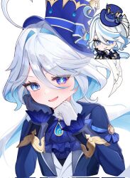 1girl ascot black_gloves blue_bow blue_eyes blue_hair blue_jacket blush bow furina_(genshin_impact) genshin_impact genshin_impact_sticker_redraw_(meme) gloves hair_between_eyes hat hat_bow heterochromia highres jacket jewelry long_hair long_sleeves looking_at_viewer meme multicolored_hair open_mouth ruarua0819 smile solo streaked_hair symbol-shaped_pupils top_hat white_gloves white_hair