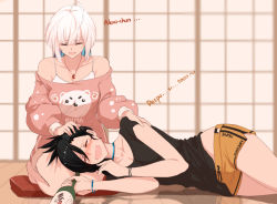 2girls alexa amazon_(company) animal_print bear_print black_hair bottle comforting crying dishwasher1910 drunk english_text closed_eyes headpat humanization lap_pillow meme multiple_girls original personification sake_bottle shorts siri white_hair yuri
