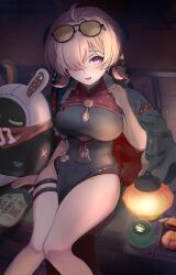 Rule 34 | 1girl, absurdres, ahoge, bangboo (zenless zone zero), black dress, breasts, china dress, chinese clothes, commentary, covered navel, dress, eous (zenless zone zero), eyewear on head, hair over one eye, hand fan, highres, jacket, jacket on shoulders, knees together feet apart, lantern, large breasts, looking at viewer, marimo (nogdujeon), open mouth, pelvic curtain, purple eyes, red dress, short twintails, sitting, sleeveless, sleeveless dress, solo, sweety (zenless zone zero), thigh strap, tinted eyewear, tuanshan, twintails, two-tone dress, yellow-tinted eyewear, zenless zone zero