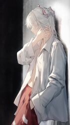 1girl against_wall covered_eyes fujiwara_no_mokou hand_in_pocket highres long_hair navel ofuda ofuda_on_head open_clothes open_shirt pants red_pants s0gno shirt solo touhou white_hair white_shirt