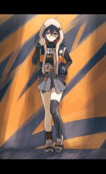 1girl belle_(zenless_zone_zero) black_shirt black_thighhighs blue_hair full_body green_eyes grey_skirt hand_in_pocket highres hood hood_up hooded_jacket jacket long_sleeves looking_at_viewer open_clothes open_jacket sanshoku_dango_(shukosuko) shirt shoes short_hair single_thighhigh skirt sleeveless sleeveless_jacket solo thighhighs turtleneck turtleneck_shirt white_shoes zenless_zone_zero