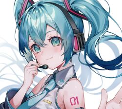 1girl absurdres aqua_eyes arm_tattoo black_sleeves blue_hair blue_necktie breast_pocket closed_mouth collared_shirt crossed_bangs detached_sleeves floating_hair grey_shirt hair_between_eyes hatsune_miku headphones headset highres long_hair microphone minato0683 necktie number_tattoo pocket portrait shirt sleeveless sleeveless_shirt smile solo tattoo twintails vocaloid wing_collar
