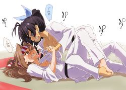 2girls barefoot black_hair blue_eyes blue_ribbon blush breasts brown_eyes brown_hair clenched_teeth collarbone commentary_request competition crossover dougi ganaha_hibiki hair_ribbon headband highres idolmaster idolmaster_(classic) interlocked_fingers interlocked_toes judo kantai_collection long_hair looking_at_another medium_breasts multiple_girls ponytail ribbon striped_headband sweat teeth vertical_stripes yaneko_uta zuihou_(kancolle)