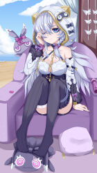 Rule 34 | 1girl, absurdres, black thighhighs, blue eyes, blue sky, breasts, chain, cleavage, commentary request, couch, detached sleeves, gold chain, grey hair, highres, honkai (series), honkai impact 3rd, long hair, medium breasts, meme, no shoes, on couch, one eye closed, outdoors, pillow, s956448903, sitting, sky, solo, teri derp (meme), theresa apocalypse, theresa apocalypse (schicksal&#039;s imperative), thighhighs, thighs, toes, white hood