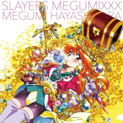 Rule 34 | 1girl, amulet, araizumi rui, armor, belt, blush, boots, breasts, character name, dagger, earrings, floating hair, gloves, hayashibara megumi, headband, holding, holding dagger, holding knife, holding weapon, jewelry, lina inverse, long hair, looking at viewer, lying, money, official art, on back, open mouth, red eyes, red hair, shoulder armor, simple background, slayers, solo, treasure chest, weapon, white boots