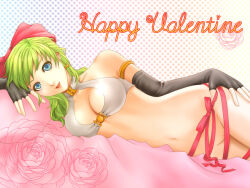 1girl 2000s_(style) bikini bikini_top_only black_gloves blue_eyes bottomless bow breasts closed_mouth commentary_request convenient_censoring cowboy_shot elbow_gloves feliciel fingerless_gloves flower gloves green_hair hair_bow happy_valentine large_breasts looking_at_viewer lying naked_ribbon navel on_side pink_bow polka_dot polka_dot_background ragnarok_online ribbon rose smile solo swimsuit white_bikini whitesmith_(ragnarok_online)