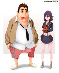 Rule 34 | 1boy, 1girl, collared, highres, kill la kill, mankanshoku barazou, matoi ryuuko, shirt, shoes, short, smile
