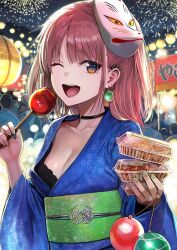1girl 40010prototype barbell_piercing black_bra black_choker blue_kimono blush bra breasts brown_eyes candy_apple choker ear_piercing earrings festival fireworks food food_stand hair_ornament holding industrial_piercing japanese_clothes jewelry kimono lantern looking_at_viewer mask mask_on_head medium_breasts night obi one_eye_closed open_clothes open_mouth original outdoors paper_lantern piercing pink_hair print_kimono sash smile solo summer_festival underwear water_yoyo yukata
