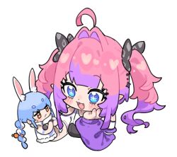 1girl :3 ahoge animal_ears black_bow black_bra blue_eyes blue_hair blush_stickers bow bra bra_over_clothes braid carrot_hair_ornament chibi clothing_cutout cropped_torso cross-shaped_pupils crossed_arms detached_ahoge double-parted_bangs eyelashes fangs food-themed_hair_ornament fugota6509 hair_bow hair_intakes hair_ornament hand_on_own_cheek hand_on_own_face hand_puppet hashtag-only_commentary highres hololive hololive_dev_is jitome kikirara_vivi long_hair looking_at_hand multicolored_hair open_mouth orange_eyes pink_hair pink_nails pointy_ears puppet purple_hair purple_sleeves rabbit_ears shirt shoulder_cutout sidelocks simple_background smile solo symbol-shaped_pupils twin_braids twintails two-tone_hair underwear usada_pekora virtual_youtuber white_background white_shirt
