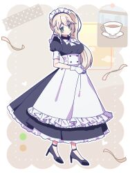 Rule 34 | 1girl, absurdres, apron, black dress, commentary request, cup, dress, full body, gloves, green eyes, high heels, highres, long hair, looking at viewer, mahou shoujo madoka magica, mahou shoujo oriko magica, maid, mikuni oriko, plate, ruru (rurumagi), short sleeves, solo, teacup, waist apron, white apron, white gloves, white hair