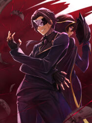 Rule 34 | 2boys, black hair, cape, cid kagenou, closed mouth, code geass, commentary request, crossover, fingerless gloves, fukuyama jun, gloves, grin, highres, holding, holding mask, itsudzumi, jacket, john smith (cid kagenou), kage no jitsuryokusha ni naritakute!, lelouch vi britannia, long hair, male focus, mask, money, multiple boys, necktie, ponytail, purple eyes, short hair, smile, teeth, thread, voice actor connection, zero (code geass)