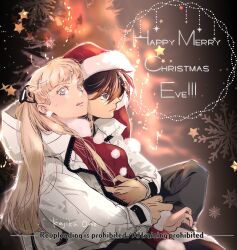 1boy 1girl artist_name black_ribbon blonde_hair blue_eyes breasts brown_hair christmas_tree coat couple dress fur-trimmed_headwear fur_trim grey_pants gundam gundam_wing hair_between_eyes hair_ribbon hat heero_yuy hetero hood hood_down hooded_coat hug hug_from_behind kajikaono long_hair medium_breasts merry_christmas pants parted_bangs parted_lips ponytail red_dress red_hat relena_peacecraft ribbon santa_hat short_hair sitting sitting_on_lap sitting_on_person snowflakes straight_hair sweatdrop white_coat white_fur