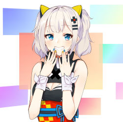 1girl :d animal_ears black_dress blue_eyes blue_ribbon blush breasts bright_pupils cat_ears cleavage cleavage_cutout clothing_cutout dress fake_animal_ears female_focus grin hair_ornament hairclip hands_on_own_face highres kaguya_luna looking_at_viewer medium_breasts multicolored_background multicolored_nails nail_polish obi open_mouth ribbon sash short_hair sleeveless sleeveless_dress smile solo teeth the_cold the_moon_studio thighhighs twintails underbust upper_body virtual_youtuber wristband