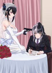 2girls alternate_costume alternate_hairstyle armchair artist_name asymmetrical_horns bare_shoulders black_flower black_horns black_jacket black_nails black_suit blush bouquet breasts bridal_veil chair choker cleavage closed_mouth commentary demon_horns dress dress_shirt earrings elbow_gloves empty_eyes english_commentary expressionless female_focus finger_on_trigger fingernails flower forced formal_clothes frown gardavwar gloves gun gun_to_head hair_flower hair_ornament hair_over_one_eye handgun highres holding holding_gun holding_pen holding_weapon hololive hololive_english horn_flower horns indoors jacket jewelry lapel_pin large_breasts lipstick long_hair long_sleeves makeup marriage_certificate marriage_certificate_(object) meme multicolored_hair multiple_girls nail_polish necktie nerissa_ravencroft no_pupils novelites_(shiori_novella) on_chair on_table paper pen pocket_square pointing ponytail probably_the_only_way_i&#039;d_get_married_(meme) profile purple_necktie red_eyes red_flower red_lips red_rose rose shiori_novella shirt short_hair sitting strapless strapless_dress suit suit_jacket table threatening tiara two-tone_hair veil virtual_youtuber weapon wedding wedding_dress white_choker white_dress white_gloves white_shirt wife_and_wife writing yellow_eyes yuri