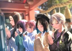 5girls ;) absurdres black_hair black_jacket blonde_hair blue_hair blue_jacket closed_eyes closed_mouth folded_twintails fur_jacket gradient_hair green_eyes green_sweater grey_jacket hashtag-only_commentary highres hongou_miyuki jacket kitahara_aoba kusunoki_aroma long_hair medium_hair multicolored_hair multiple_girls one_eye_closed open_clothes open_jacket own_hands_together palms_together parted_lips pink_hair praying purple_eyes purple_shirt sawaranaide_kotesashi-kun sayamagaoka_chiyo shinjou_takuya shirt shrine sideways_glance smile straight_hair strap sumiyoshi_izumi sweater twintails upper_body winter_clothes