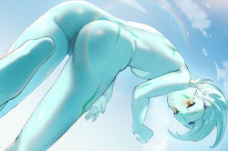1boy 2022 ass ass_focus astral_(yu-gi-oh!) blue_skin blush body_markings bodypaint colored_skin from_behind grey_eyes heterochromia highres kurage444 looking_back looking_down male_focus no_visible_genitalia puffy_chest sky solo tagme trap yellow_eyes yu-gi-oh! yu-gi-oh!_zexal