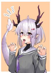 1girl a.i._voice ahoge black_horns blush border fingernails grey_serafuku hair_between_eyes hair_ornament hairclip highres horns long_fingernails long_sleeves long_tongue nail_polish open_mouth pointy_ears purple_eyes purple_hair purple_nails purple_tail sailor_collar scales school_uniform serafuku sharp_fingernails short_hair solo tongue tongue_out upper_body voiceroid white_border white_sailor_collar yuzuki_yukari yuzuki_yukari_(shizuku) zooanime