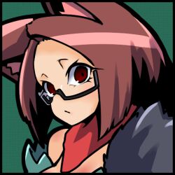 1girl animal_ears bandana black-framed_eyewear brown_hair closed_mouth commentary_request expressionless forehead glasses green_background looking_at_viewer lowres parted_bangs portrait ragnarok_iris ragnarok_online ranger_(ragnarok_online) red_bandana red_eyes short_hair solo upper_body wolf_ears wolf_girl