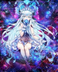 1girl bare_shoulders black_dress black_gloves blue_eyes blue_flower blue_hair blue_rose commentary_request commission dress flower frilled_dress frills gloves hair_ornament highres holding holding_flower long_hair looking_at_viewer munlu_(wolupus) original rose sitting skeb_commission solo thighs watermark