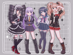 4girls :3 absurdres bear_hair_ornament black_boots black_dress black_gloves black_hair black_shirt black_socks blonde_hair blue_eyes blue_hair blue_sailor_collar blue_skirt blue_thighhighs blush boots bow braid brown_shoes card celestia_ludenberg closed_mouth collared_shirt commentary_request crossed_arms danganronpa:_trigger_happy_havoc danganronpa_(series) dress drill_hair drop_shadow enoshima_junko eyelashes finger_to_cheek gloves grey_eyes hair_ornament hairclip high_heel_boots high_heels highres holding holding_card jacket kirigiri_kyoko long_hair long_sleeves maid_headdress maizono_sayaka miniskirt multiple_girls nail_polish necktie ohana-83dayo one_eye_covered open_clothes open_jacket open_mouth orange_necktie pink_bow plaid_clothes plaid_skirt purple_eyes purple_hair purple_jacket purple_skirt red_bow red_eyes red_nails red_shoes red_skirt sailor_collar school_uniform serafuku shirt shoes short_sleeves side_braid sidelocks single_braid skirt smile socks standing standing_on_one_leg teeth thighhighs twin_drills twintails upper_teeth_only white_shirt
