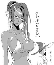 2girls bikini bob_cut breasts cleavage commentary dark-skinned_female dark_skin fire_emblem fire_emblem_awakening fire_emblem_heroes glasses greyscale hat heimdallr_(fire_emblem) highres japanese_text looking_aside miriel_(fire_emblem) monochrome multiple_girls nintendo serious short_hair simple_background swimsuit tiara translation_request tsujii_luki upper_body