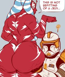 1boy 1girl absurdres alien ass cellulite clone_trooper colored_skin commander_cody english_text fat grey_background hetero highres huge_ass kingmeacrown red_skin shaak_ti simple_background speech_bubble star_wars thick_thighs thighs togruta wide_hips