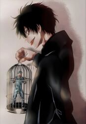 Rule 34 | 2boys, bird cage, black hair, black hoodie, brown eyes, cage, hand up, hands up, hoodie, katagiri yuuichi, looking at viewer, looking to the side, multiple boys, non-web source, prison clothes, short hair, smile, tomodachi game, tongue, tongue out