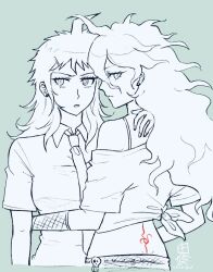 Rule 34 | 2girls, ahoge, alternate costume, back tattoo, bare shoulders, breasts, collared shirt, cropped torso, danganronpa (series), danganronpa 2: goodbye despair, earrings, genderswap, genderswap (mtf), grey background, highres, hinata hajime, jewelry, komaeda nagito, large breasts, long hair, multiple girls, necktie, onirizu, pants, shirt, tattoo, tramp stamp