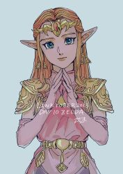 Rule 34 | 1girl, 2023, absurdres, armor, blonde hair, blue background, blue eyes, circlet, dated, dress, earrings, elbow gloves, gloves, highres, jewelry, lipstick, long hair, makeup, nintendo, pauldrons, pointy ears, princess zelda, shoulder armor, shrub mtg, smile, solo, steepled fingers, tabard, the legend of zelda, the legend of zelda: ocarina of time, yellow lips