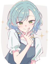 1girl aqua_hair bang_dream! blush braid closed_mouth commentary e20 green_eyes grey_background highres hikawa_hina looking_at_viewer shirt short_sleeves side_braids solo sparkle upper_body w w_over_mouth white_shirt