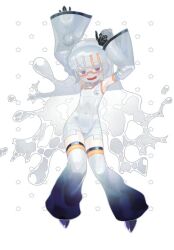 Rule 34 | 1girl, arms up, bare shoulders, black gloves, black shoes, blunt ends, bodysuit, cover, cover page, double bun, gelee (puniru wa kawaii slime), gloves, gradient hair, gradient thighhighs, grey hair, hair bun, hexagon print, highres, maedakun, monster girl, multicolored hair, official art, open mouth, orange-framed eyewear, orange hair, print bodysuit, print sleeves, puniru wa kawaii slime, purple eyes, ringed eyes, robot girl, shoes, sleeveless, sleeveless bodysuit, slime (substance), slime girl, slime hair, solo, star (symbol), streaked hair, tape, thighhighs, tube socks, wavy hair, white background, white thighhighs, white unitard, wide sleeves