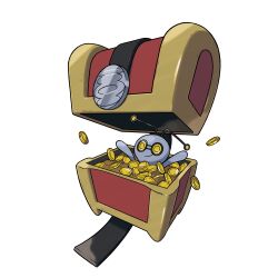 absurdres antennae arms_up artist_request closed_mouth coin gimmighoul gimmighoul_(chest) highres nintendo official_art outline pokemon pokemon_(creature) pokemon_focus pokemon_sv smile solo third-party_source transparent_background treasure_chest white_outline yellow_eyes