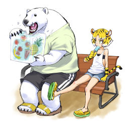 1boy 1girl alternate_costume animal_ears bare_legs bear bear_boy blonde_hair blush_stickers casual cat_girl cat_tail claws denim denim_shorts eating fangs food full_body fur furry furry_female furry_male holding holding_food ice_cream lilith-soft long_hair looking_at_another sandals shiny_skin short_hair shorts simple_background sitting tail taimanin_(series) taimanin_rpgx taro_the_white_bear torajiro_(taimanin_series) white_background zol