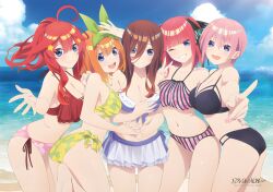 5girls ahoge ass beach bikini black_bikini black_ribbon blue_bikini blue_eyes blue_sky breasts butterfly_hair_ornament cleavage collarbone floral_print frilled_bikini frills go-toubun_no_hanayome green_bikini green_ribbon hair_between_eyes hair_ornament hair_ribbon hand_on_another&#039;s_waist highres holding_hands large_breasts long_hair looking_at_viewer medium_breasts multiple_girls nakano_ichika nakano_itsuki nakano_miku nakano_nino nakano_yotsuba navel ocean official_art one_eye_closed pink_bikini pink_hair quintuplets red_bikini red_hair ribbon sample_watermark short_hair siblings side-tie_bikini_bottom sisters sky smile star_(symbol) star_hair_ornament stomach swimsuit teeth thighs two_side_up v water watermark wink