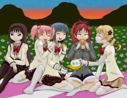 5girls absurdres akemi_homura cup highres holy_quintet kaname_madoka mahou_shoujo_madoka_magica majka626 miki_sayaka multiple_girls picnic picnic_blanket sakura_kyoko sitting sunset tea teacup teapot tomoe_mami