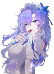 1girl absurdres blue_eyes blue_flower breasts cantarella_(wuthering_waves) cherry commentary dress earrings facial_mark flower food from_side fruit hair_between_eyes hair_flower hair_ornament headdress highres jewelry large_breasts licking_food light_blush long_hair looking_at_viewer mark_under_eye nail_polish open_mouth purple_hair purple_nails shigureszku shrug_(clothing) sidelocks simple_background solo tacet_mark_(wuthering_waves) upper_body white_background white_dress white_shrug wuthering_waves