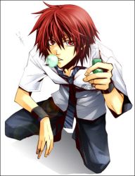 1boy blowing_bubbles chewing_gum lowres male_focus marui_bunta necktie pants red_eyes red_hair school_uniform serafuku shadow solo square-end_necktie squatting tennis_no_ouji-sama white_background wristband