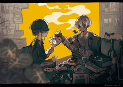 1boy 1girl absurdres aqua_eyes aqua_hair blurry blurry_foreground book bright_pupils card cat champagne_bottle chess_piece coat collared_shirt commentary_request dark-skinned_male dark_skin deerstalker depth_of_field donut dress_shirt elbow_rest food glass grey_shirt hat highres holding holding_card jimini_shijimi layered_sleeves long_sleeves magnifying_glass muted_color no_pupils open_clothes open_coat original outstretched_arm photo_(object) plant playing_card poker_chip shelf shirt short_hair short_hair_with_long_locks short_over_long_sleeves short_sleeves simple_background sitting smoke smoking smoking_pipe table trench_coat wanted_poster white_hair white_pupils white_shirt yellow_background