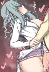 Rule 34 | 1boy, 1girl, arched back, bottomless, breasts, breasts out, clothes lift, deep penetration, grey hair, head back, heart, hetero, hidden eyes, long hair, makochan42, nipples, open mouth, pussy juice, riddle joker, sex, shikibe mayu, skirt, skirt lift, standing, standing missionary, standing sex, straight hair, torso grab, vaginal, yuzu-soft