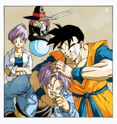 2boys 2girls baba_(dragon_ball) black_dress black_eyes black_hair black_shirt blue_eyes blue_jacket blue_shirt border brown_background bulma cowboy_shot denim denim_jacket dougi dragon_ball dragonball_z dress group_picture halo hat highres jacket kakeru_(dbskakeru) multiple_boys multiple_girls muscular muscular_male one_eye_closed orange_pants orange_shirt pants scar scar_across_eye scar_on_face shirt short_hair simple_background son_gohan_(future) spiked_hair tears trunks_(dragon_ball) trunks_(future)_(dragon_ball) white_border witch witch_hat